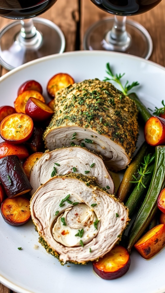 Sliced herb-crusted pork fillet with roasted vegetables on a rustic table.